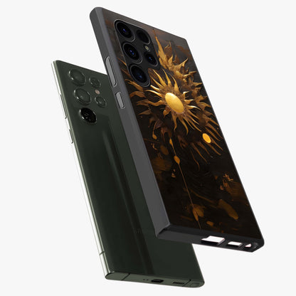Golden Sun Majesty Glass Case displayed in angled mockup highlighting eerie shadow illustration with gothic aesthetic.