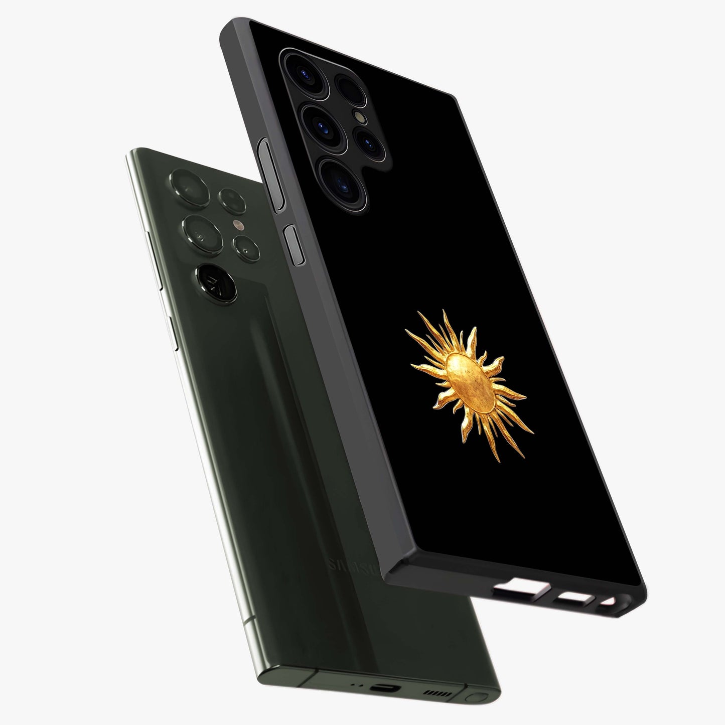 Golden Sun Minimalism Glass Case displayed in angled mockup highlighting eerie shadow illustration with gothic aesthetic.
