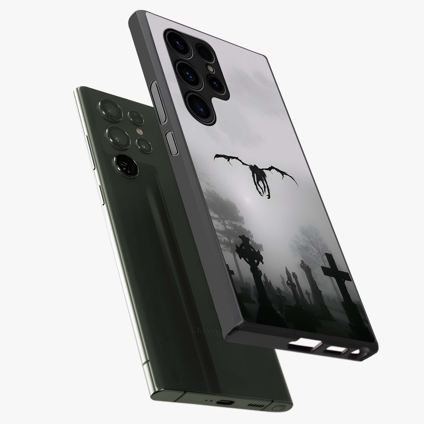 Graveyard Shadow Descent Glass Case displayed in angled mockup highlighting eerie shadow illustration with gothic aesthetic.