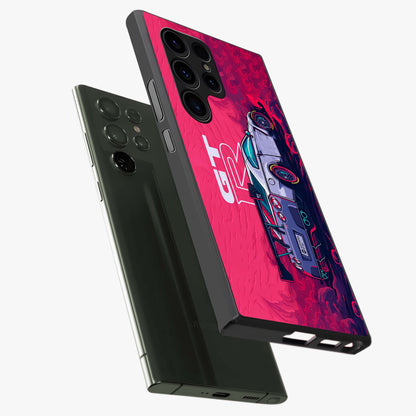 GT-R Car Pattern Glass Case displayed in angled mockup highlighting racing car graphic design with bold automotive aesthetic.