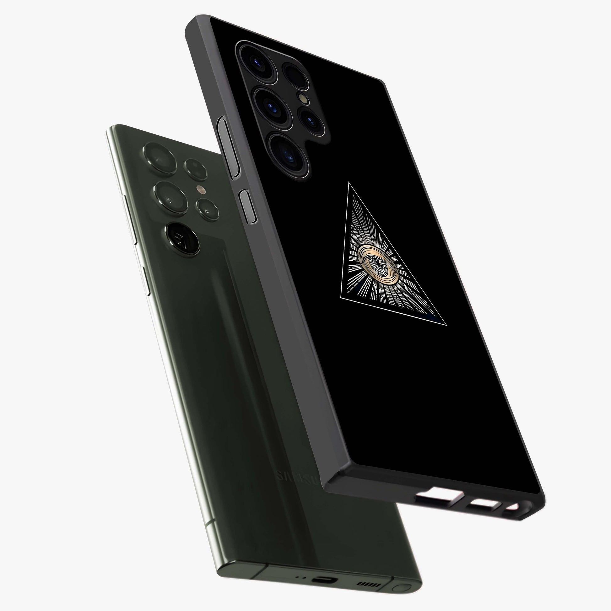 Illuminati Evil Glass Case displayed in angled mockup highlighting dark occult inspired design with bold aesthetic style.