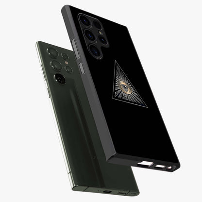 Illuminati Evil Glass Case displayed in angled mockup highlighting dark occult inspired design with bold aesthetic style.