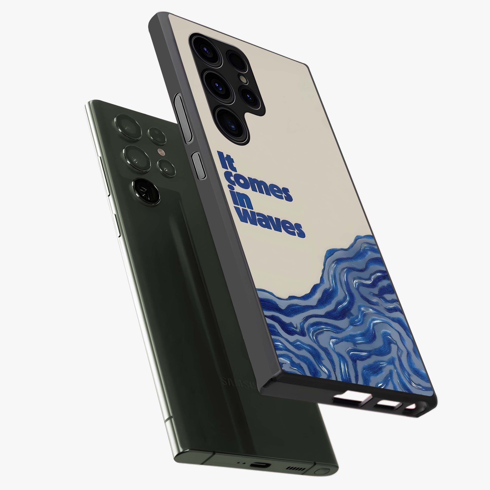 It Comes In Waves Quote Glass Case displayed in angled mockup highlighting ocean wave typography design with aesthetic style.