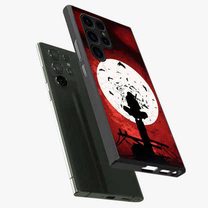 Itachi Limited Edition Naruto Anime Glass Case displayed in angled mockup highlighting dramatic anime illustration with bold action aesthetic.