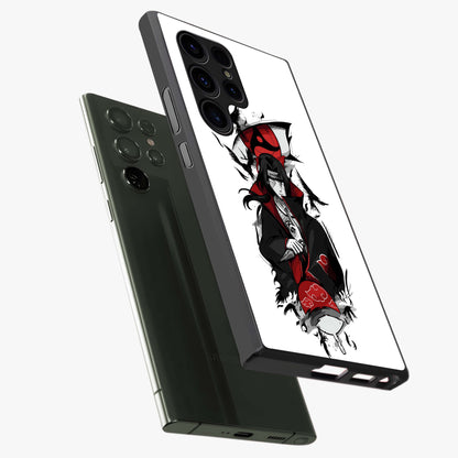 Itachi Sharingan Glass Case displayed in angled mockup highlighting striking sharingan eye design with dramatic anime aesthetic.