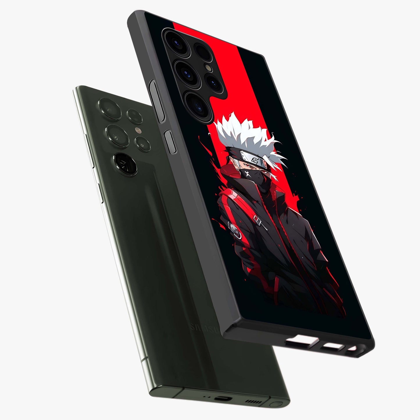 Kakashi Scarlet Shadow Glass Case displayed in angled mockup highlighting dramatic ninja illustration with scarlet themed aesthetic.