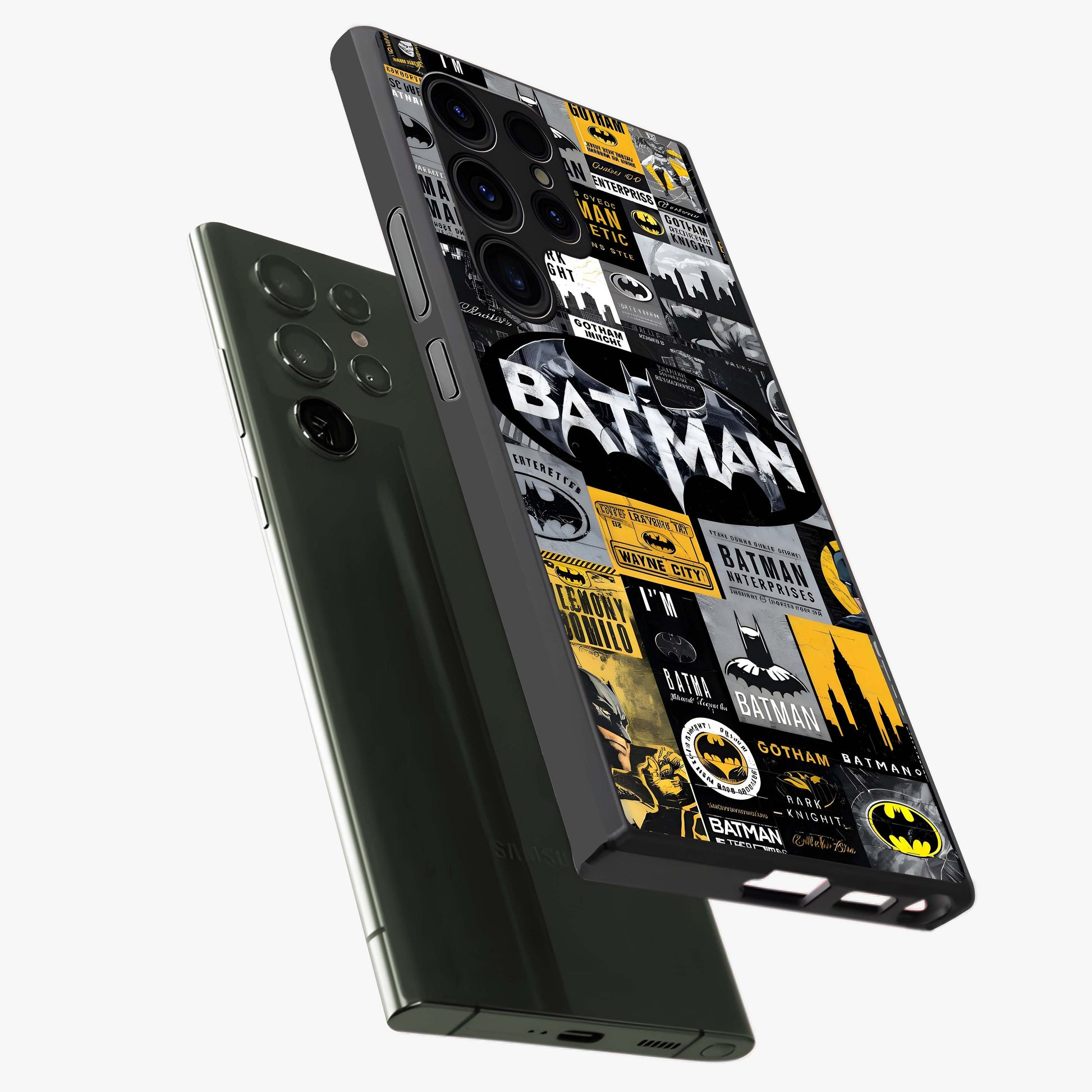 Knight Gotham Rise Glass Case displayed in angled mockup highlighting powerful knight silhouette design with dramatic aesthetic.