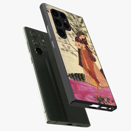 Lady With Veena Art Glass Case displayed in angled mockup highlighting graceful musical illustration with cultural artistic aesthetic.