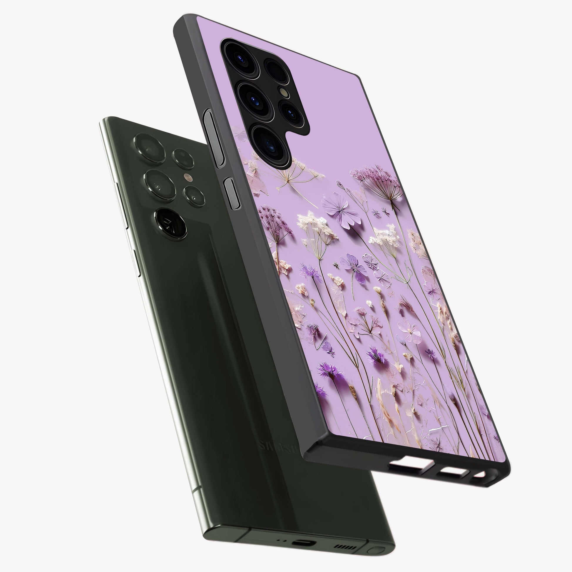 Lavender Blossom Dream Glass Case displayed in angled mockup highlighting dreamy lavender flower design with calming aesthetic style.