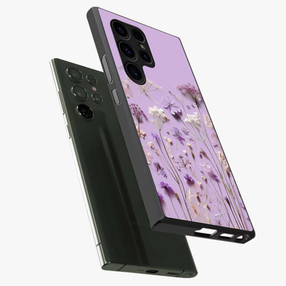 Lavender Blossom Dream Glass Case displayed in angled mockup highlighting dreamy lavender flower design with calming aesthetic style.