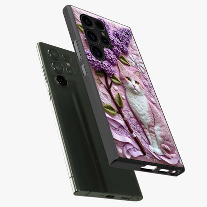 Lavender Cat Whimsy Glass Case displayed in angled mockup highlighting playful feline illustration with pastel lavender aesthetic.