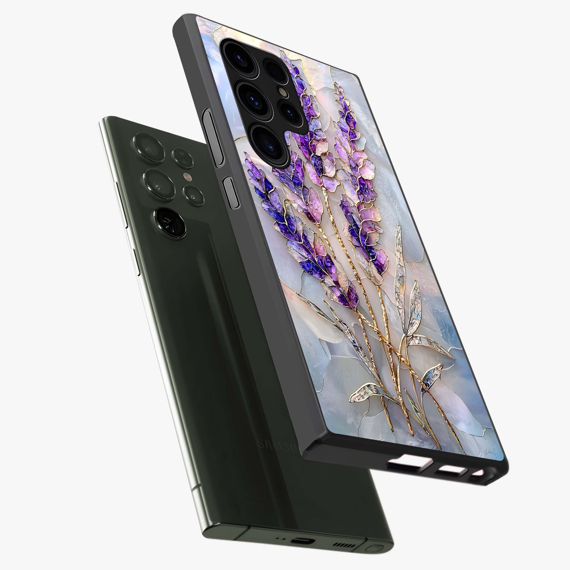 Lavender Dream Glow Glass Case displayed in angled mockup highlighting dreamy purple glow design with soft artistic style.