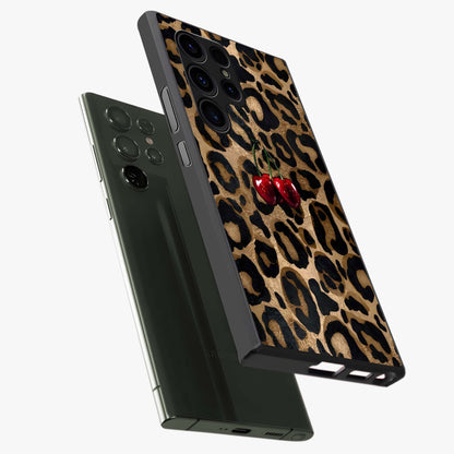 Leopard Wild Cherry Glass Case displayed in angled mockup highlighting bold animal print design with playful cherry aesthetic.