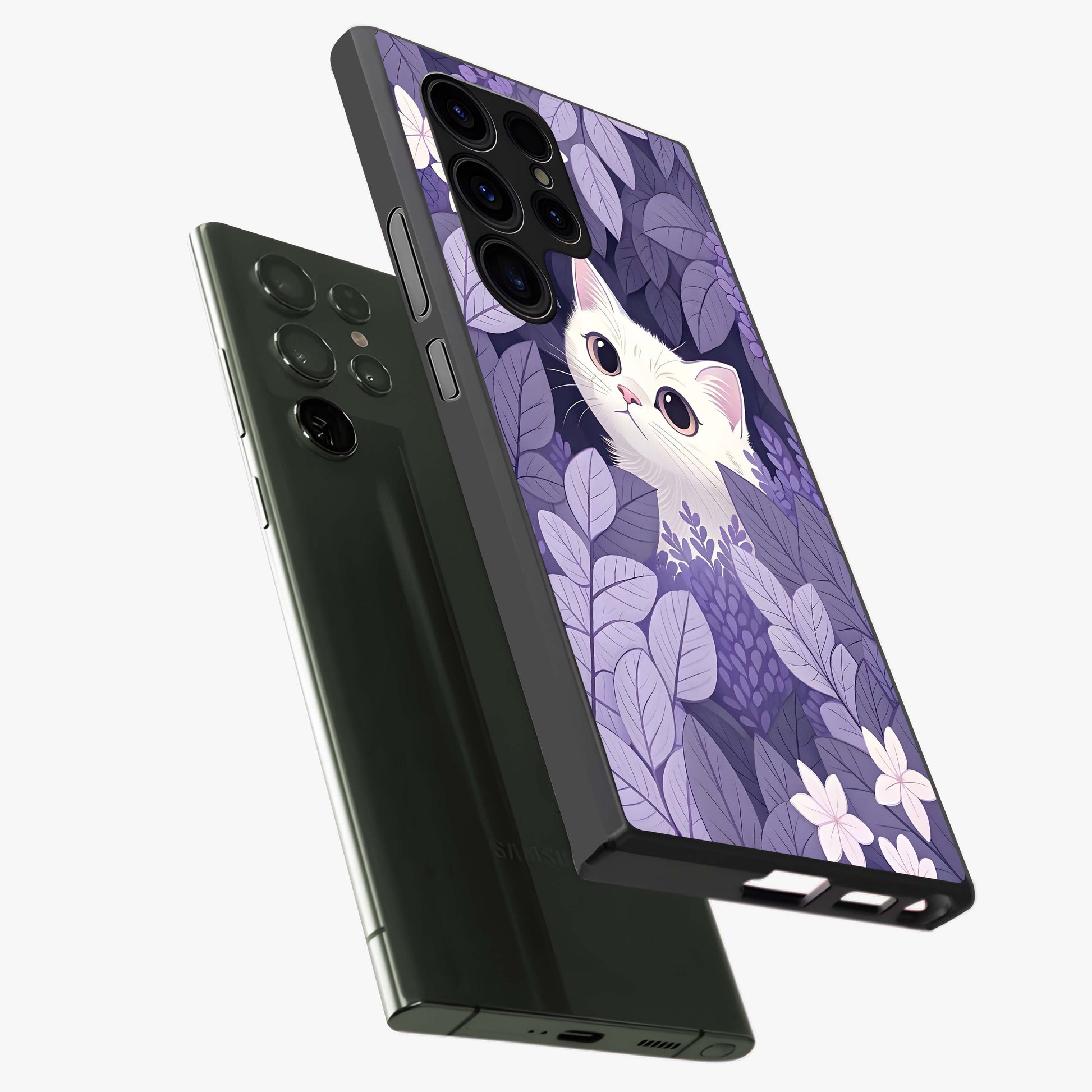 Lilac Hide Peek Cat Glass Case displayed in angled mockup highlighting playful feline illustration with lilac aesthetic design.