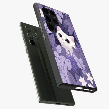 Lilac Hide Peek Cat Glass Case displayed in angled mockup highlighting playful feline illustration with lilac aesthetic design.
