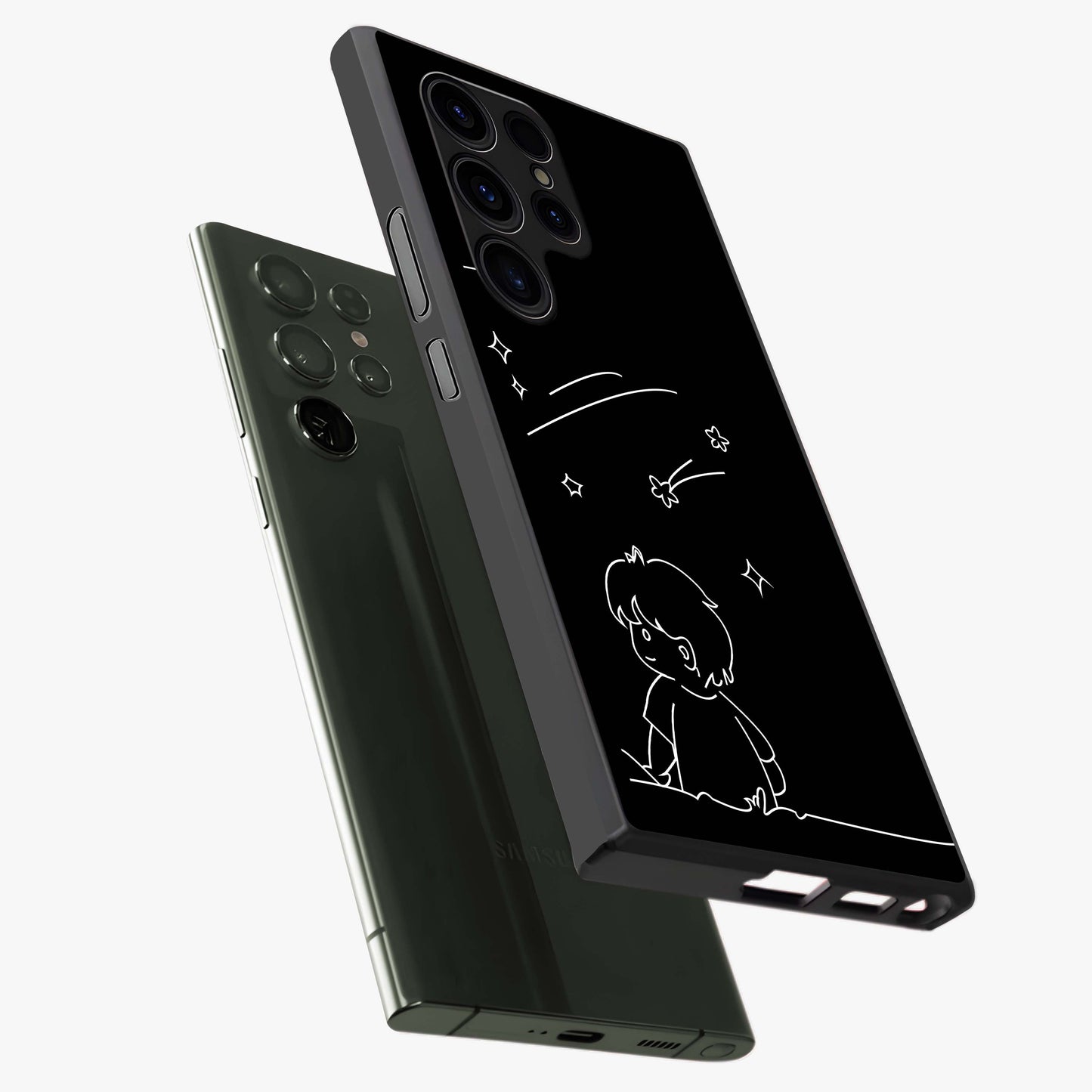 Line Art Boy With Shooting Stars Glass Case displayed in angled mockup highlighting elegant line art design with dreamy star aesthetic.