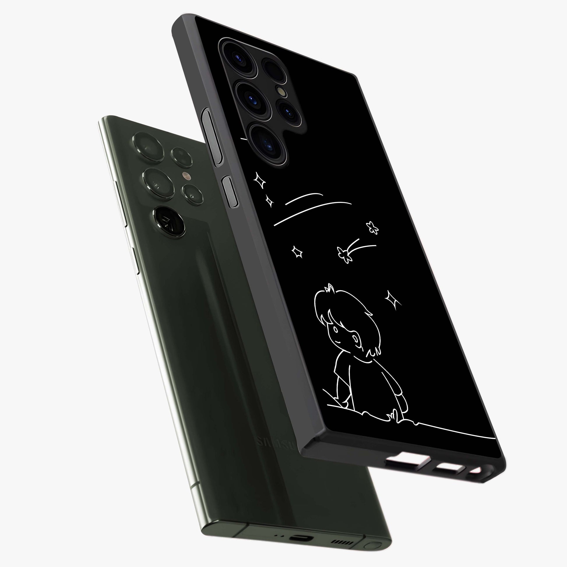 Line Art Boy With Shooting Stars Glass Case displayed in angled mockup highlighting elegant line art design with dreamy star aesthetic.