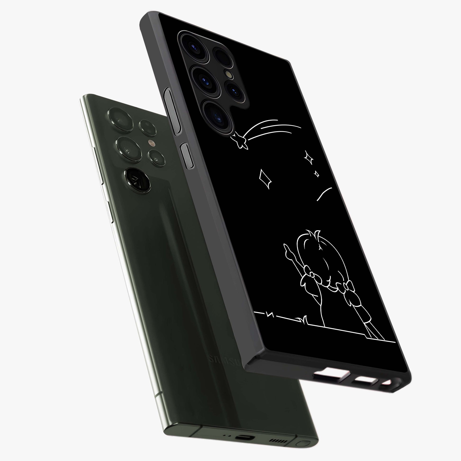 Line Art Girl With Shooting Stars Glass Case displayed in angled mockup highlighting elegant line art design with dreamy star aesthetic.