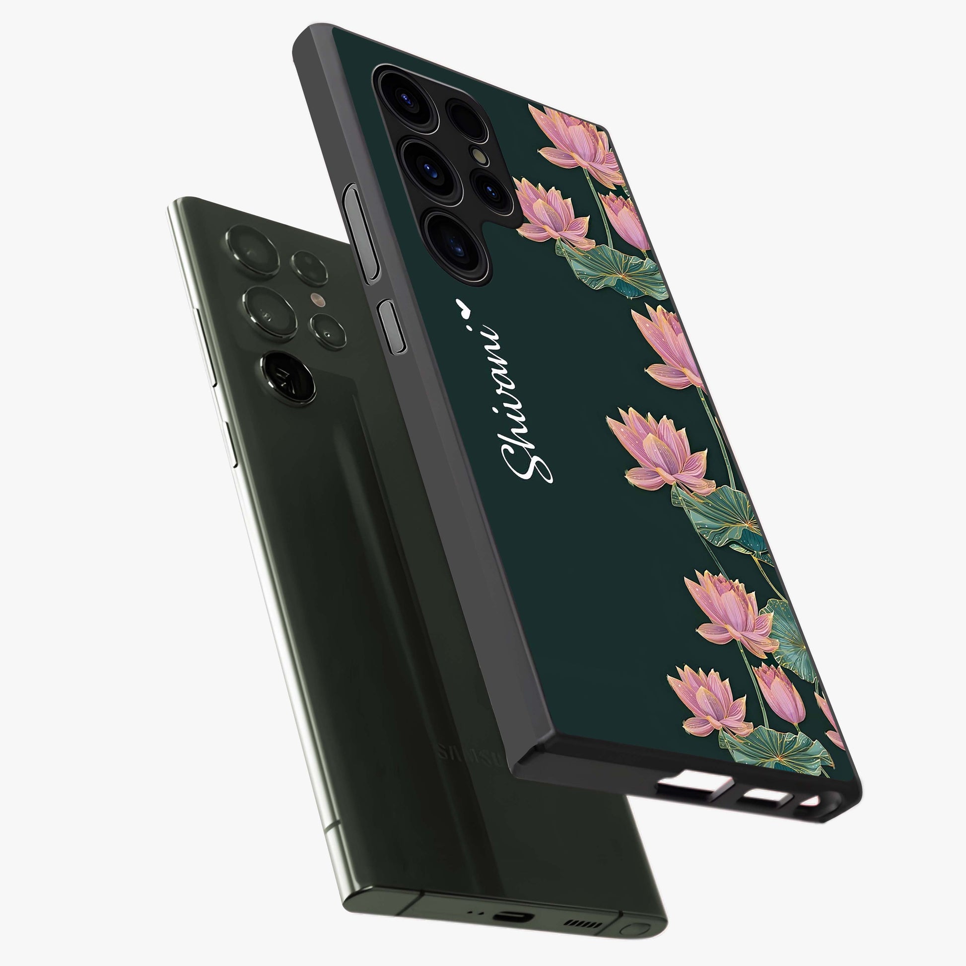 Lotus Bloom Serenity Custom Name Glass Case displayed in angled mockup highlighting graceful lotus illustration with custom name feature.
