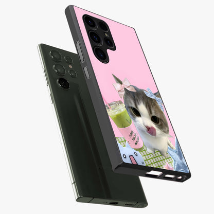 Love Matcha Cat Glass Case displayed in angled mockup highlighting playful feline illustration with cozy matcha aesthetic.