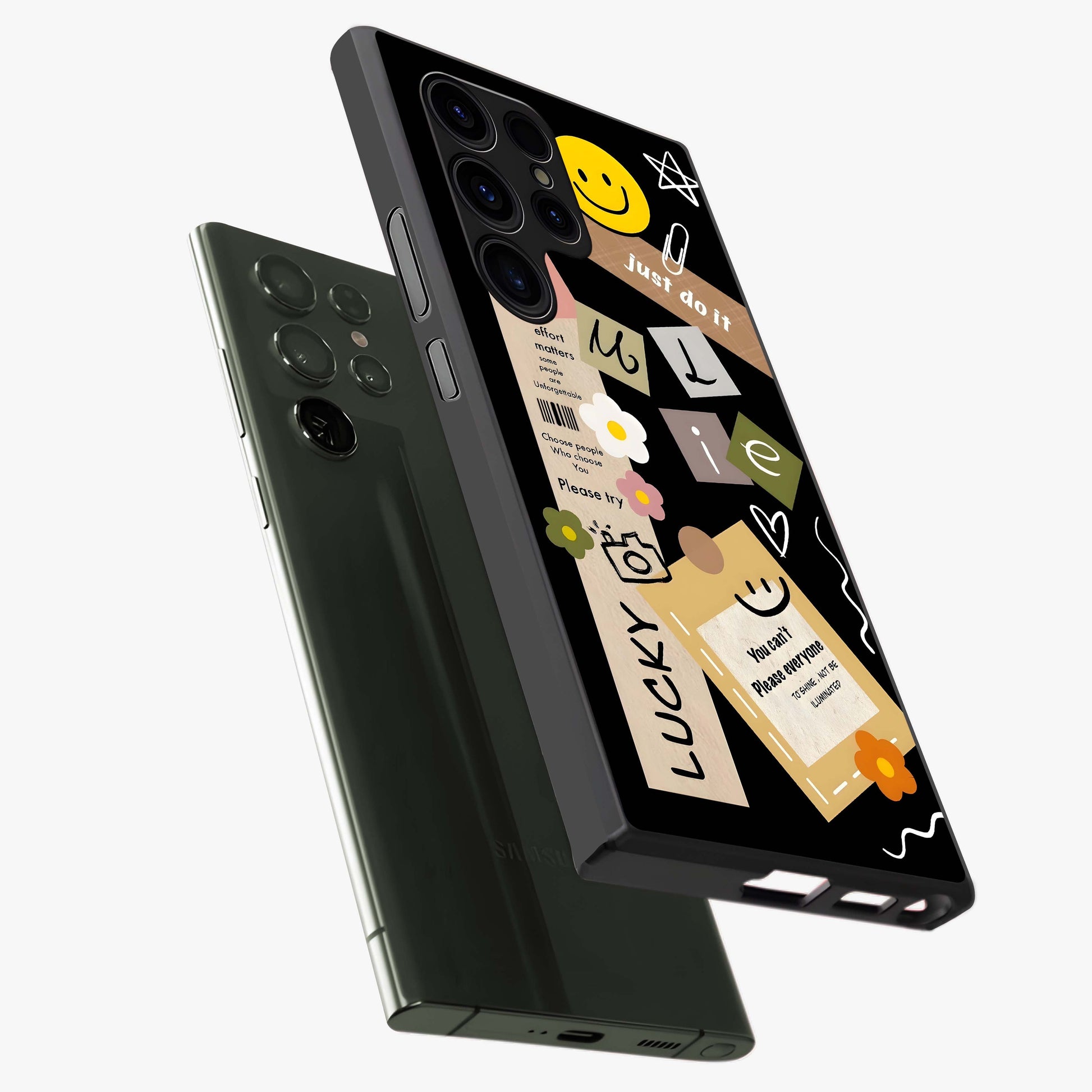 Lucky Aesthetic Collage Glass Case displayed in angled mockup highlighting stylish collage pattern with modern aesthetic vibe.