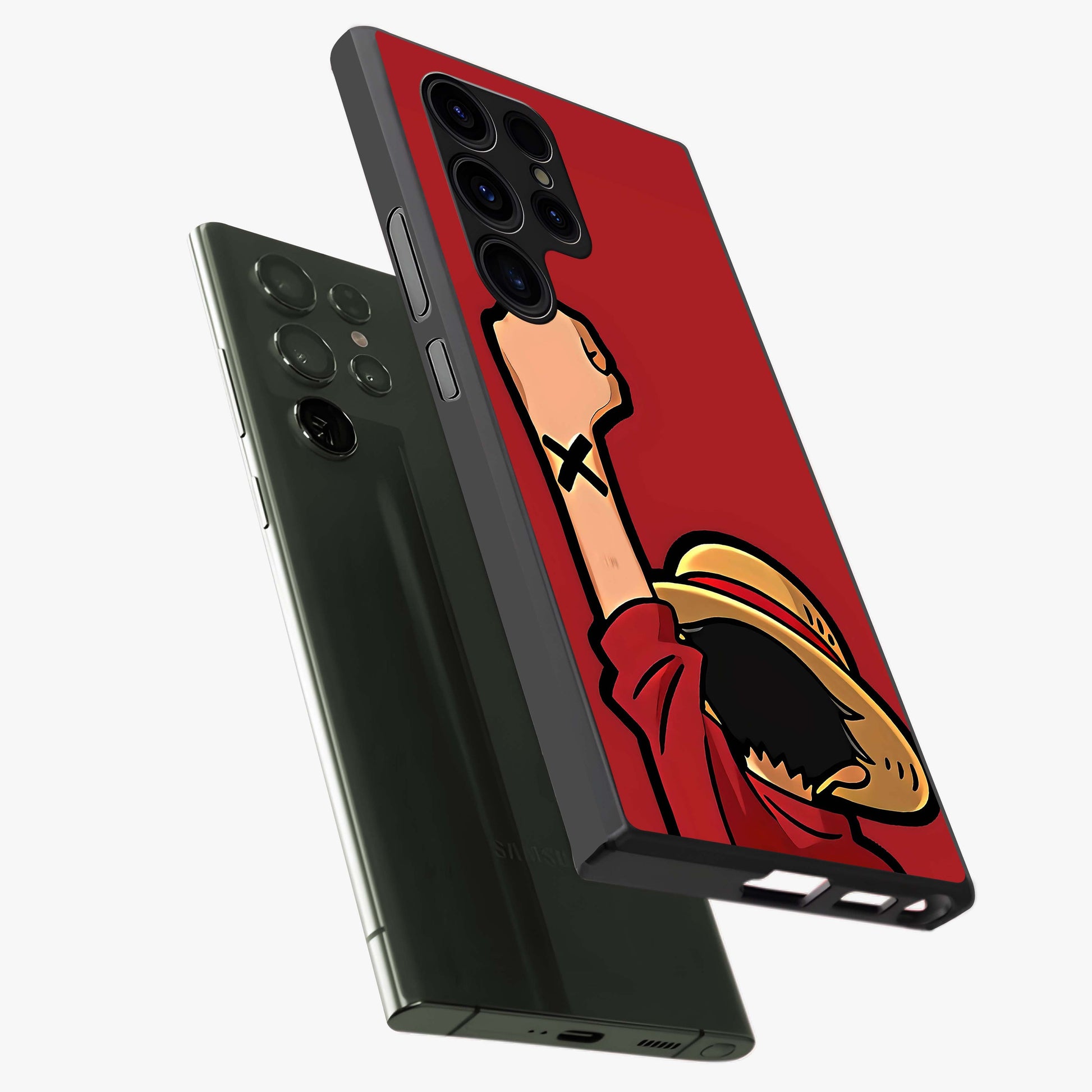 Luffy X Spirit Glass Case displayed in angled mockup highlighting powerful anime design with energetic action aesthetic.