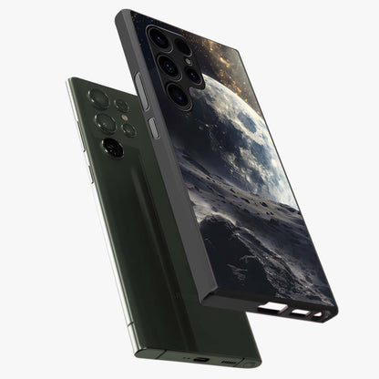 Lunar Horizon Glow Glass Case displayed in angled mockup highlighting celestial moon design with dreamy night aesthetic.