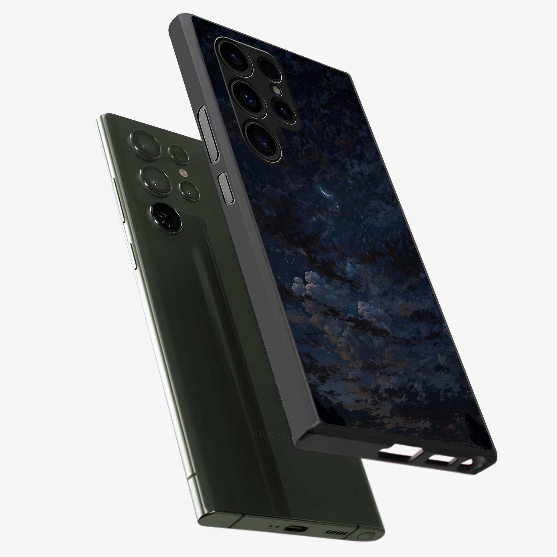Lunar Veil Silence Glass Case displayed in angled mockup highlighting soft lunar design with peaceful celestial aesthetic.