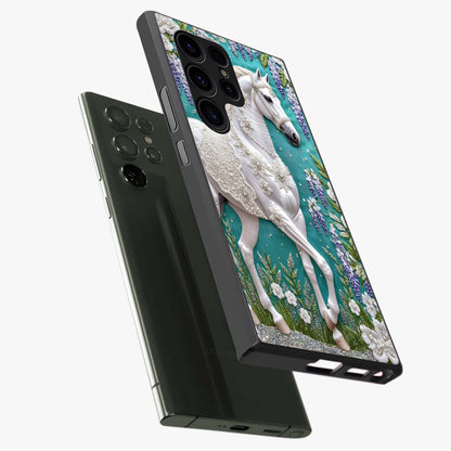 Majestic Floral Stallion Glass Case displayed in angled mockup highlighting majestic stallion illustration with elegant floral aesthetic.