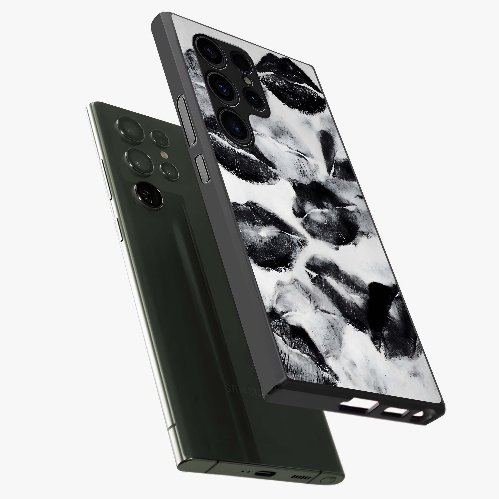 Midnight Kiss Marks Glass Case displayed in angled mockup highlighting playful romantic design with bold midnight aesthetic.