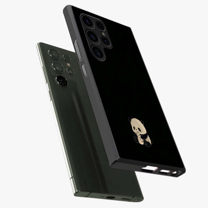 Midnight Panda Love Glass Case displayed in angled mockup highlighting adorable panda illustration with midnight aesthetic.