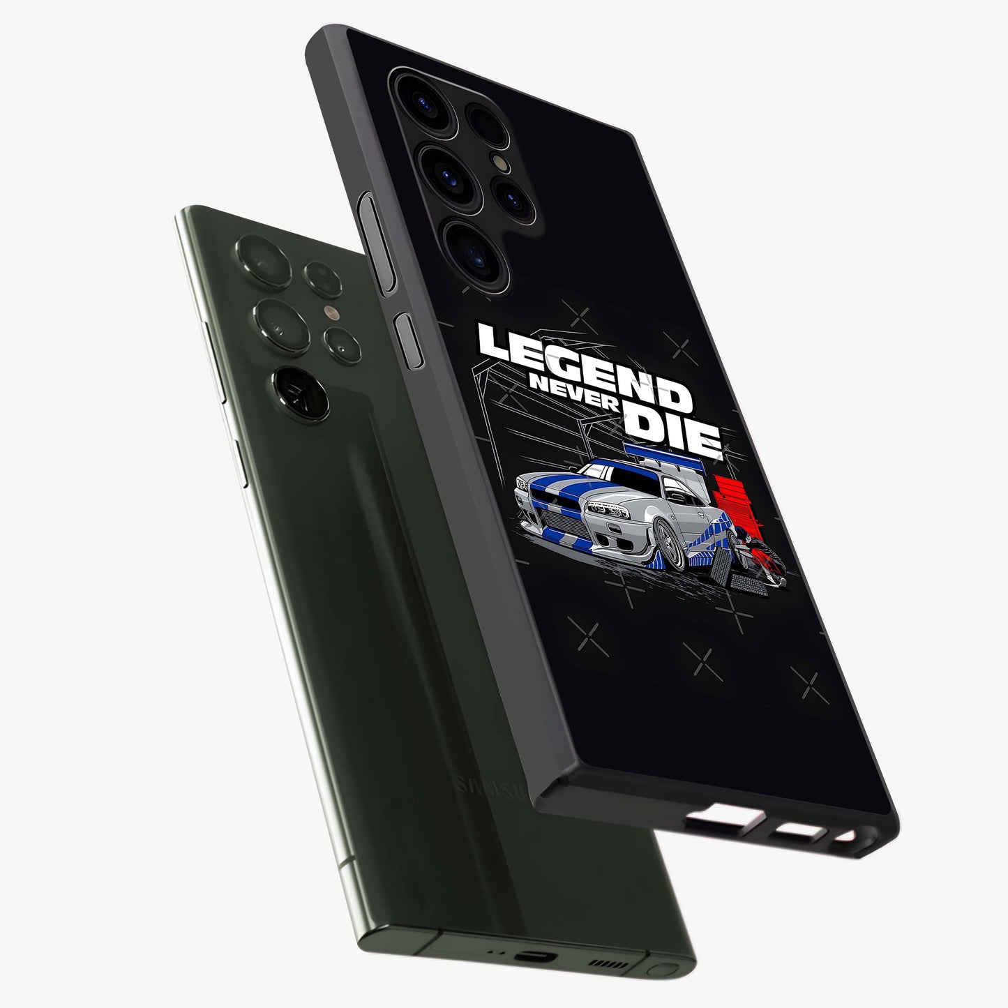 Midnight Racing Legacy Glass Case displayed in angled mockup highlighting dynamic automotive design with bold midnight aesthetic.