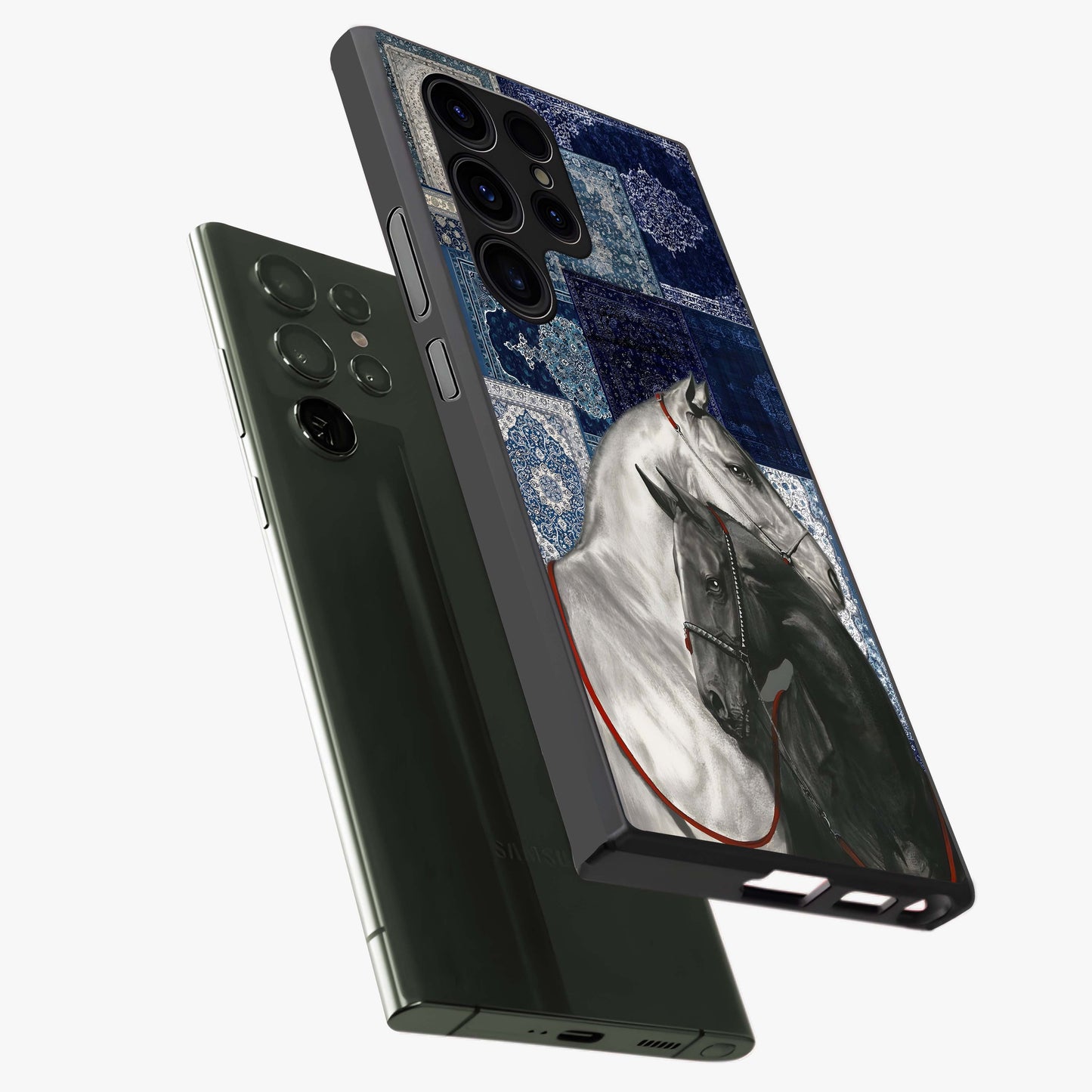 Midnight Stallion Blues Glass Case displayed in angled mockup highlighting powerful stallion illustration with deep midnight tones.