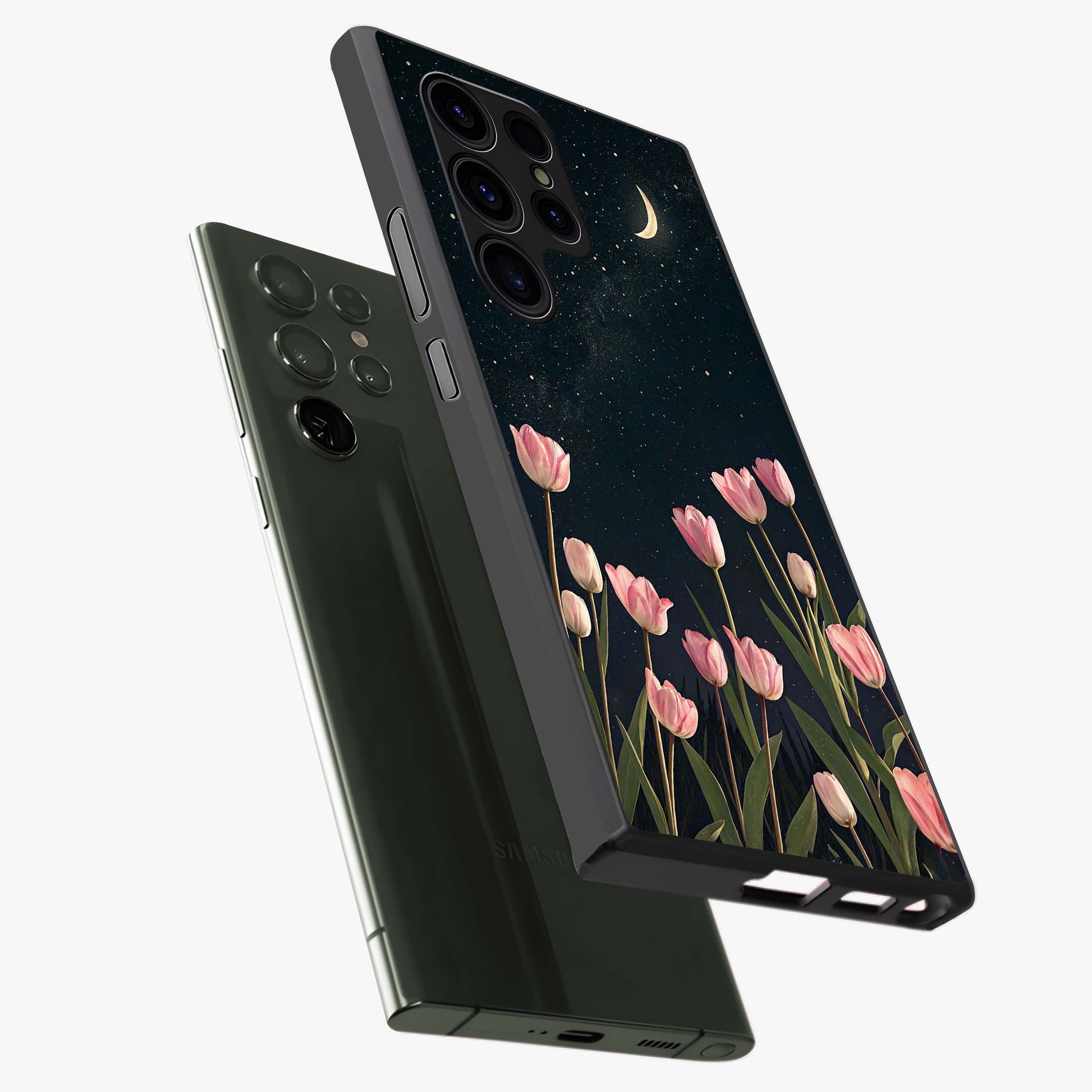 Midnight Tulip Whispers Vibe Glass Case displayed in angled mockup highlighting delicate tulip design with midnight floral aesthetic.