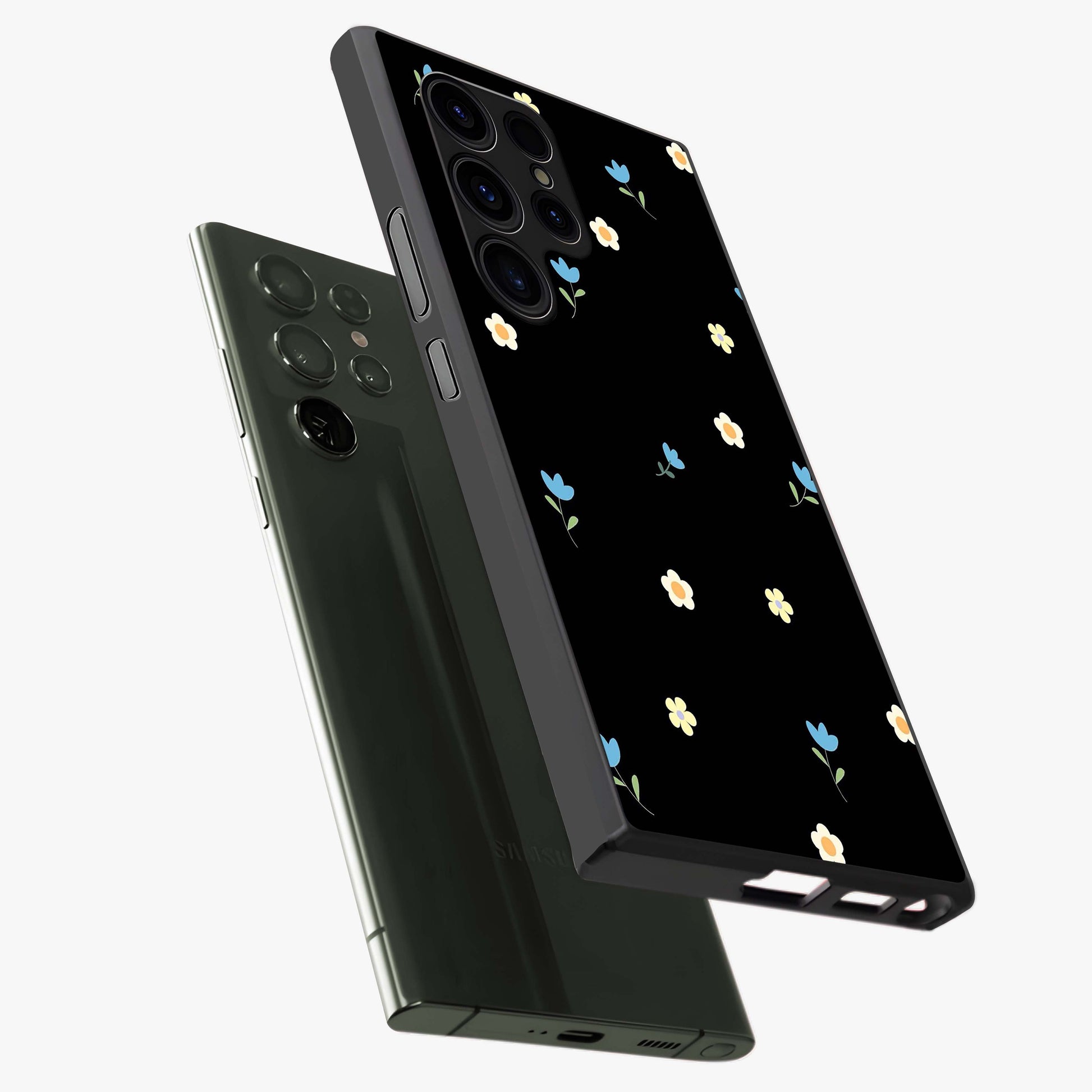 Minimal Petal Whispers Glass Case displayed in angled mockup highlighting delicate petal design with clean minimal aesthetic.