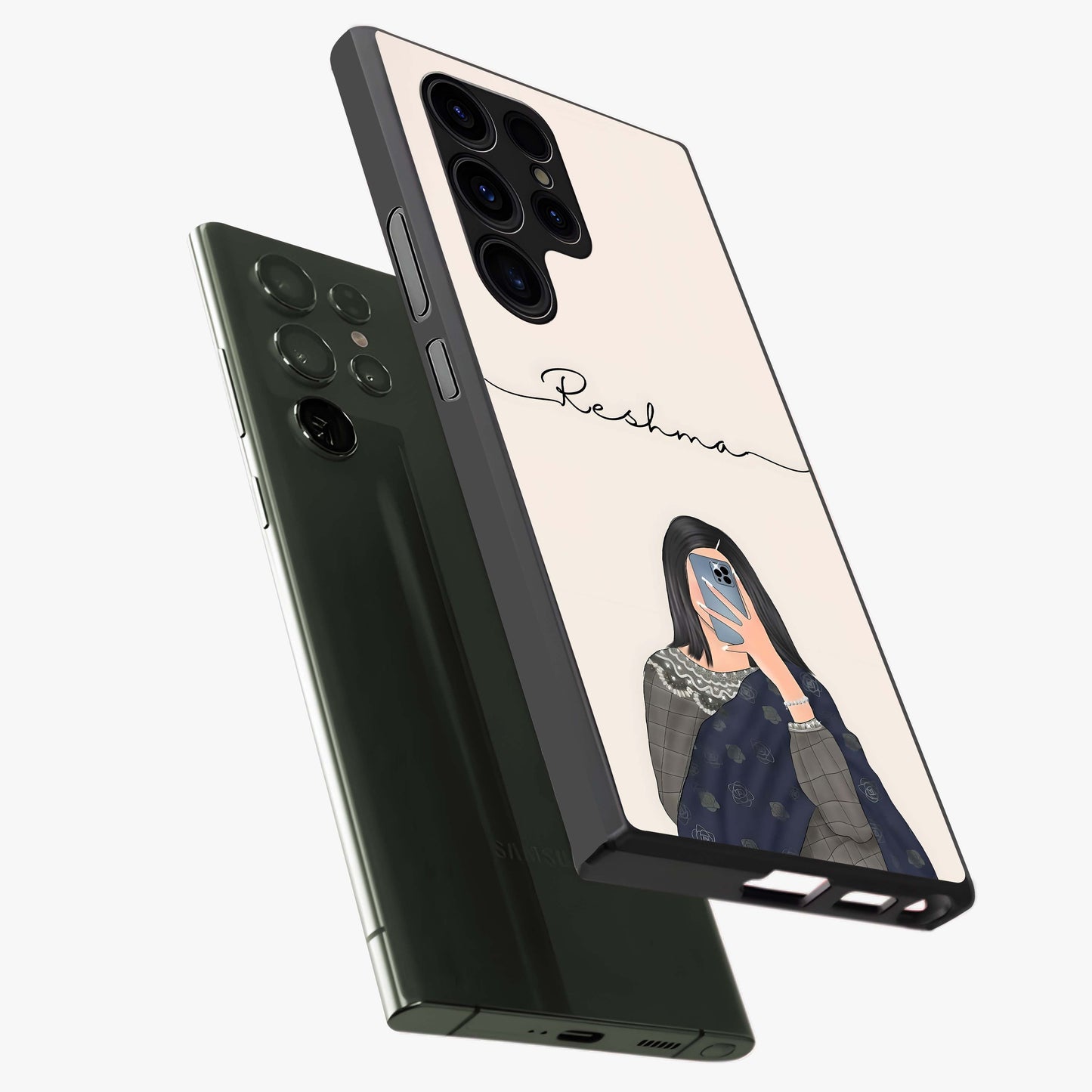 Mirror Mood Muse With Custom Name Glass Case displayed in angled mockup highlighting aesthetic mirror inspired design with custom name feature.