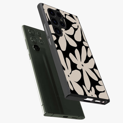 Monochrome Petal Dance Glass Case displayed in angled mockup highlighting elegant petal design with black and white aesthetic.