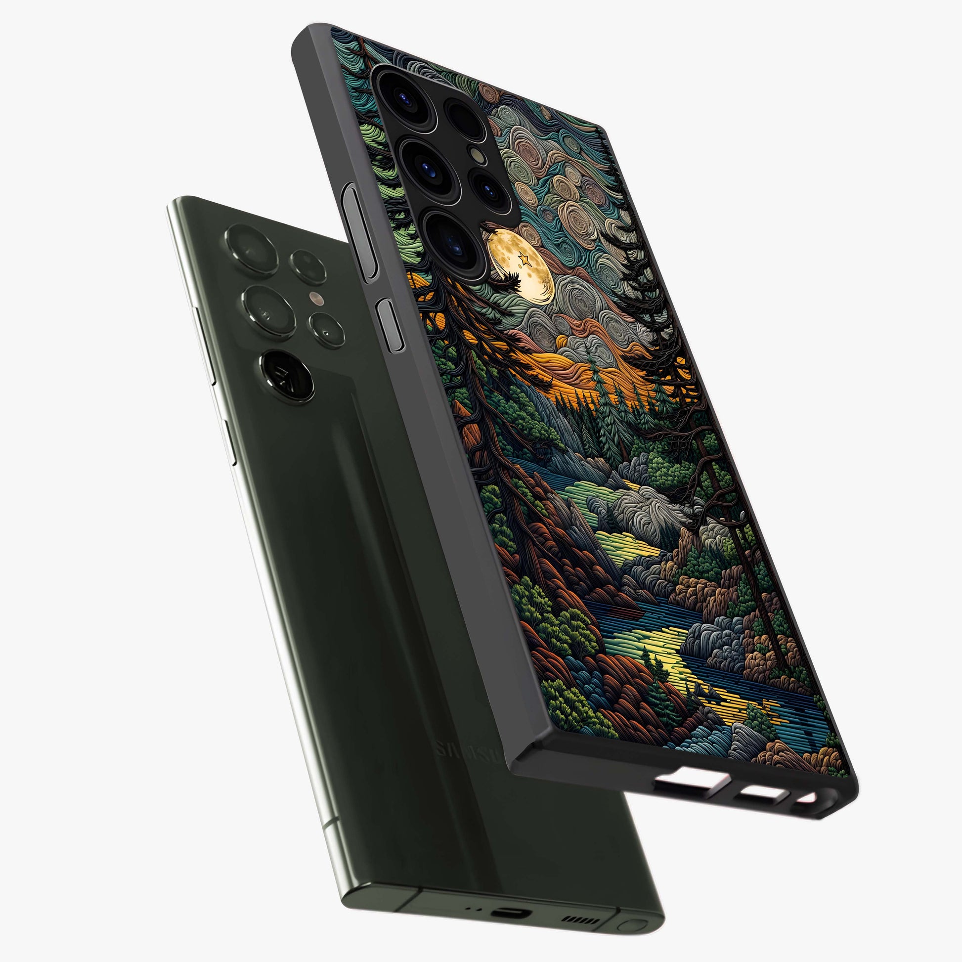 Moonlight Forest Dream Glass Case displayed in angled mockup highlighting dreamy forest design with glowing moon aesthetic.