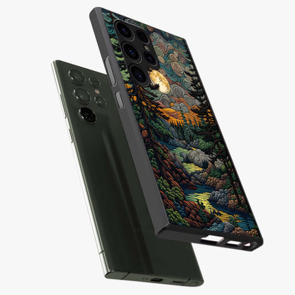 Moonlight Forest Dream Glass Case displayed in angled mockup highlighting dreamy forest design with glowing moon aesthetic.