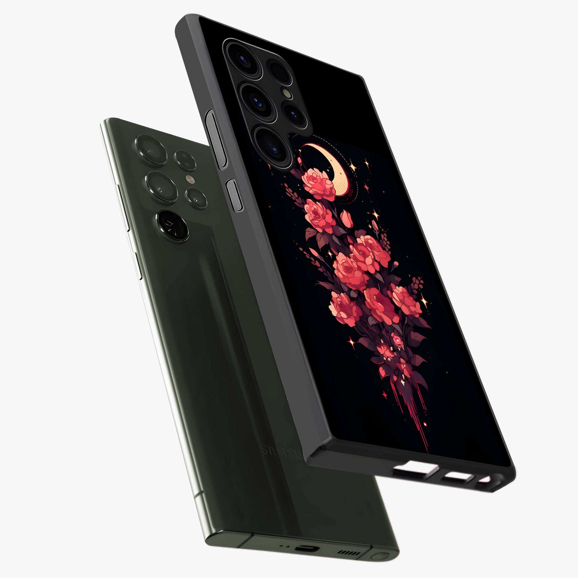 Moonlit Floral Elegance Glass Case displayed in angled mockup highlighting graceful flower design with soft moonlight aesthetic.