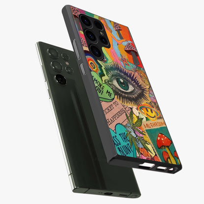 Mystic Eye Wonderland Glass Case displayed in angled mockup highlighting magical eye illustration with dreamy aesthetic.