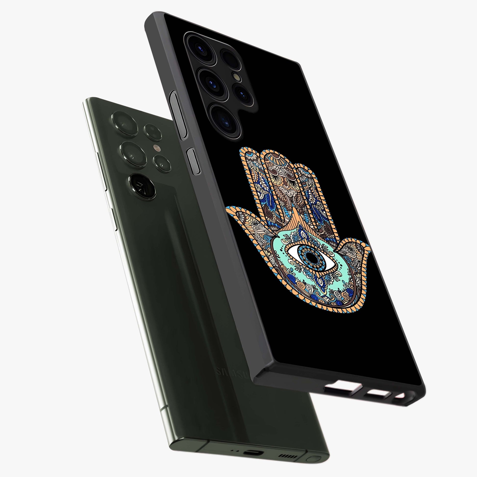 Mystic Hamsa Eye Glass Case displayed in angled mockup highlighting spiritual hamsa symbol with mystical aesthetic style.