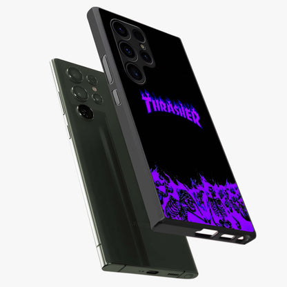 Neon Flame Riot Glass Case displayed in angled mockup highlighting glowing flame design with vibrant neon aesthetic.