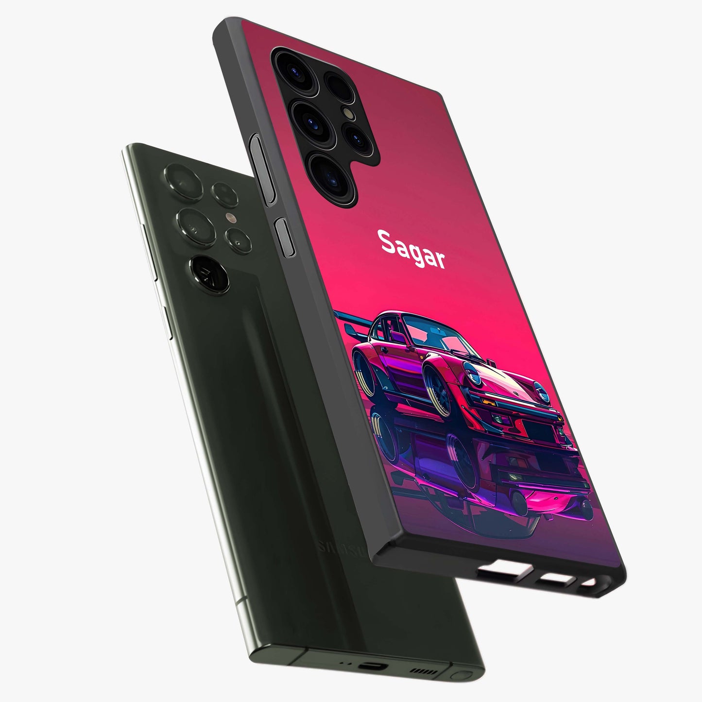 Neon Pink Porsche Glass Case displayed in angled mockup highlighting sleek neon pink car design with racing aesthetic.