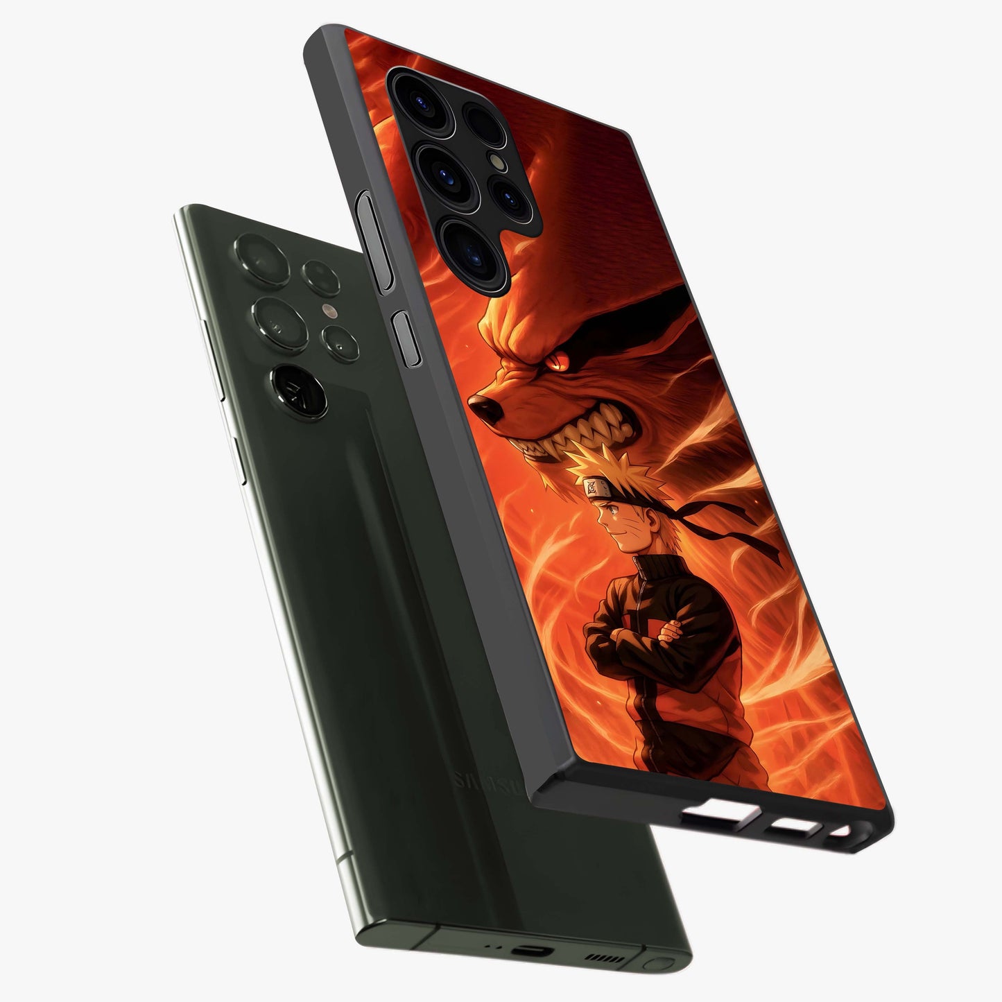 Nine Tails Legacy Glass Case displayed in angled mockup highlighting dynamic anime beast illustration with bold mystical aesthetic.