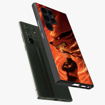 Nine Tails Legacy Glass Case displayed in angled mockup highlighting dynamic anime beast illustration with bold mystical aesthetic.