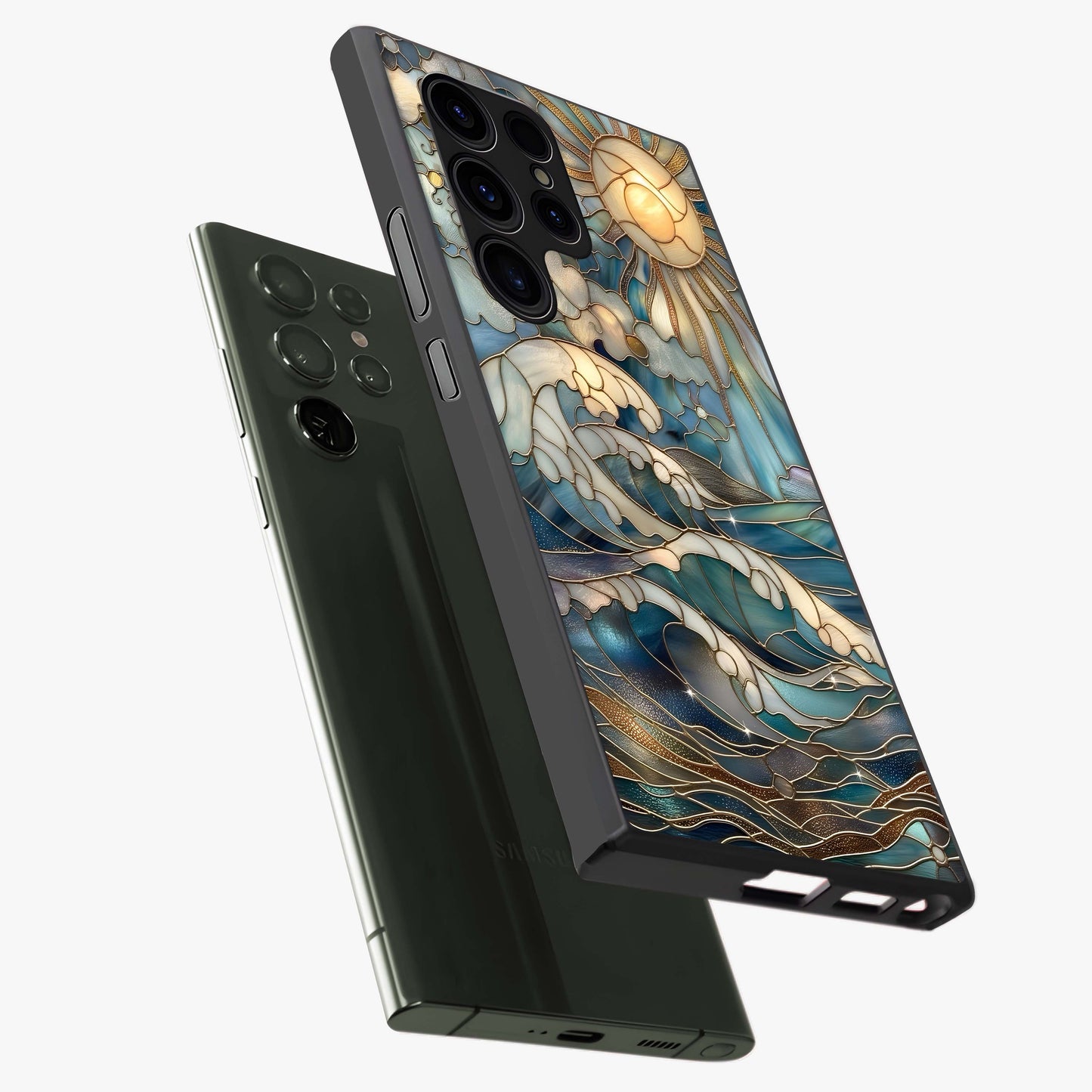Oceanic Stained Printed Glass Case displayed in angled mockup highlighting colorful aquatic design with artistic aesthetic style.