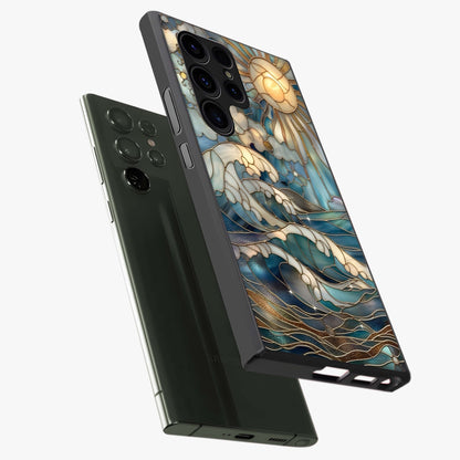 Oceanic Stained Printed Glass Case displayed in angled mockup highlighting colorful aquatic design with artistic aesthetic style.