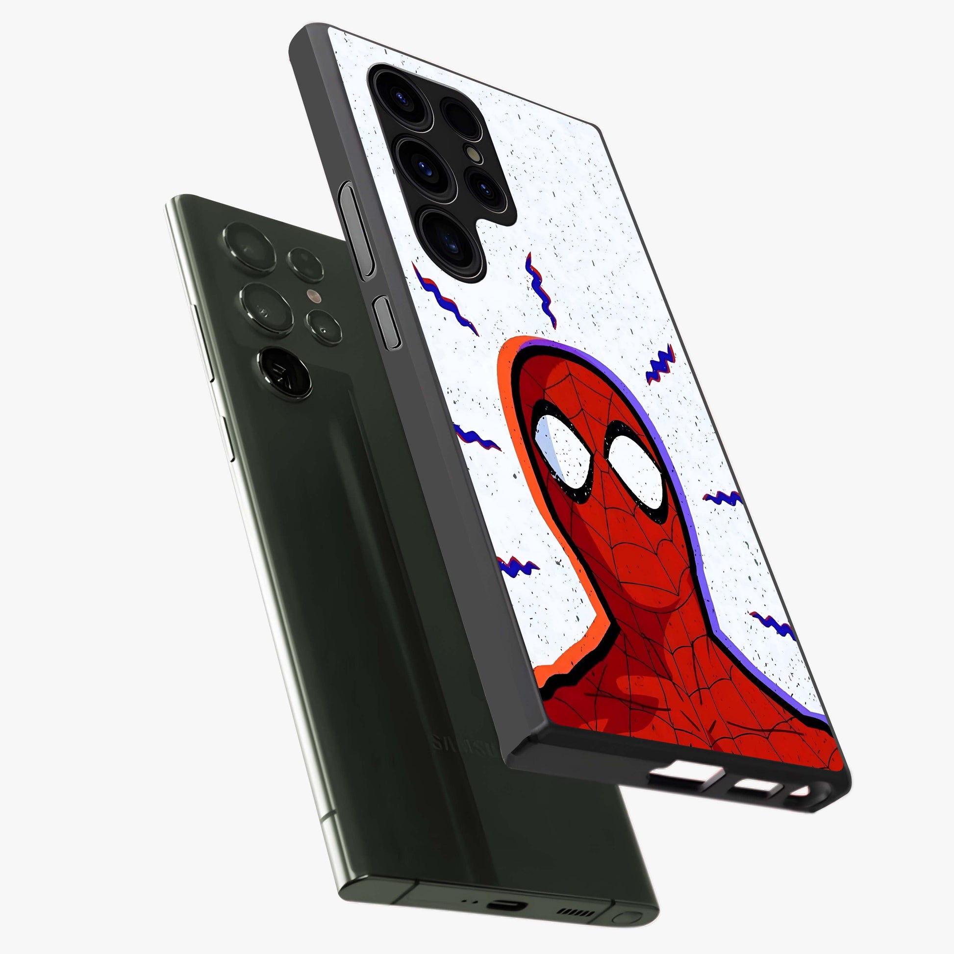 Omg Spiderman Glass Case displayed in angled mockup highlighting dynamic hero illustration with action comic aesthetic.