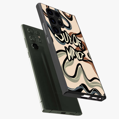 Out Of Mind Glass Case displayed in angled mockup highlighting bold statement design with modern artistic aesthetic.